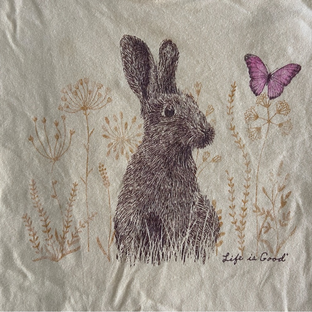 Life is Good Bunny Rabbit Butterfly Yellow Crusher Med Women's Crew Neck T Shirt - Picture 2 of 5